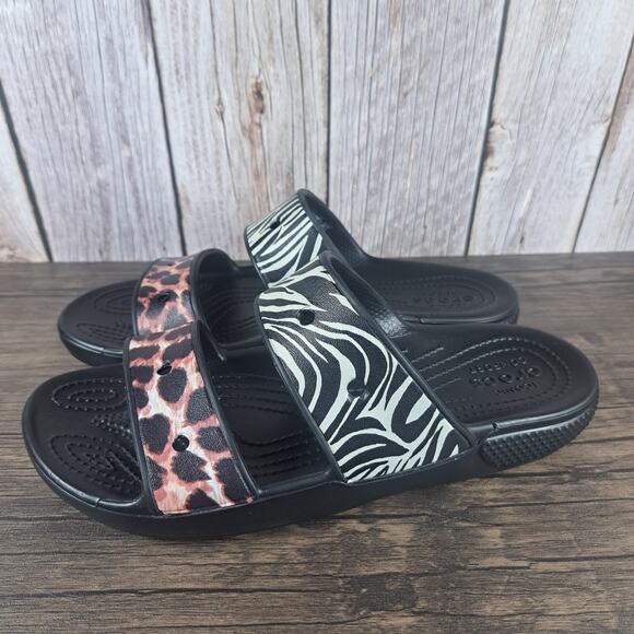 Crocs Classic Animal Remix Slide Sandals Women's Sz 9 Black Zebra Leopard NWOT - Picture 1 of 8